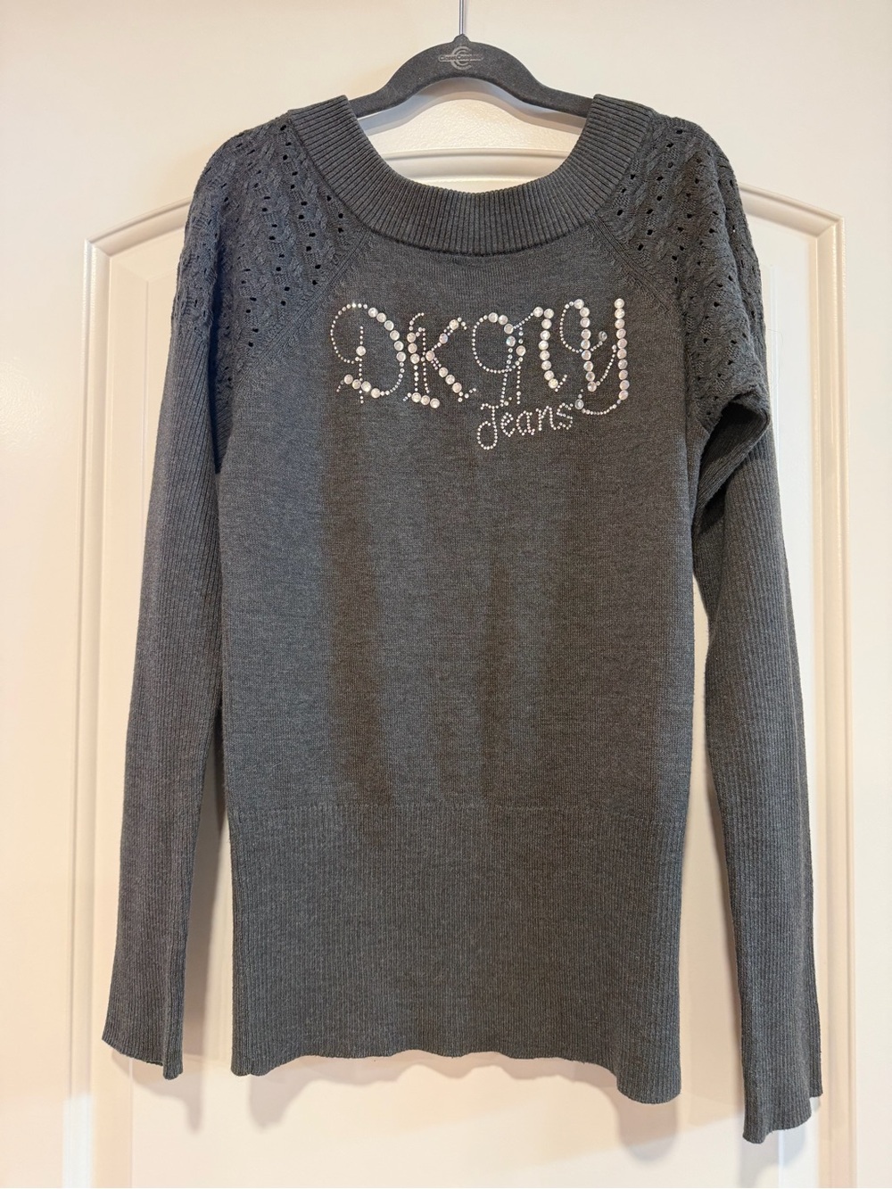 DKNY- Charcoal Gray Rhinestone Logo Sweater - Picture 2 of 7